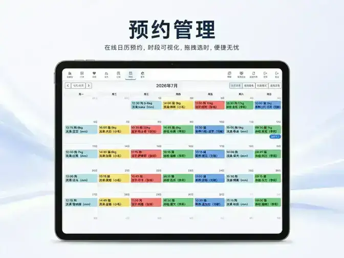 PosGoo 预约管理截图，展示日历预约和服务排班